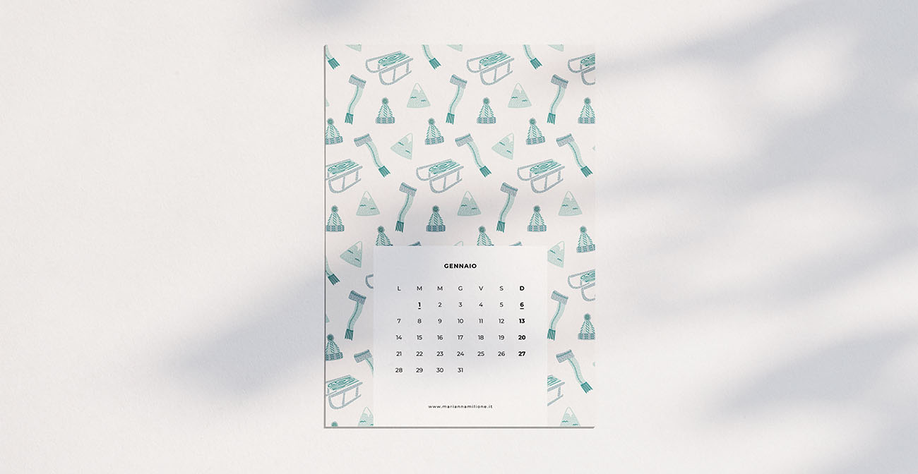 Calendario mensile per gennaio 2019 con pattern disponibile per la stampa, computer e telefono. Risorse gratuite di Marianna Milione