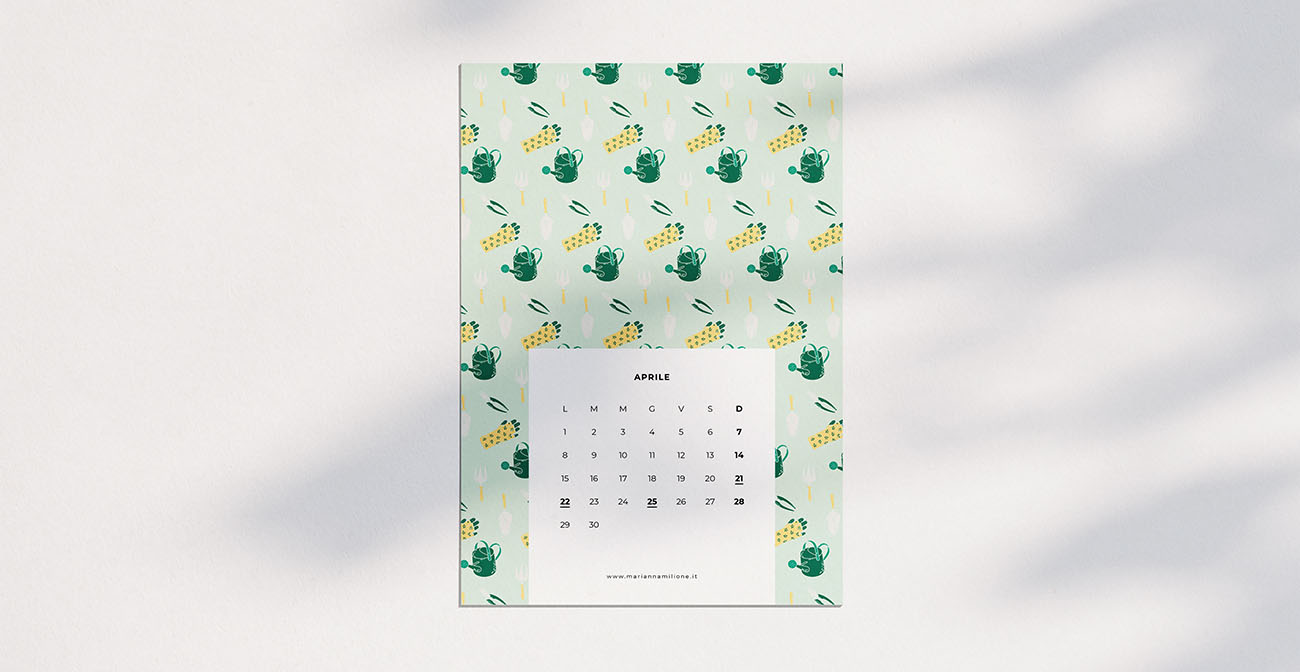 Calendario mensile per aprile 2019 con pattern disponibile per la stampa, computer e telefono. Risorse gratuite di Marianna Milione