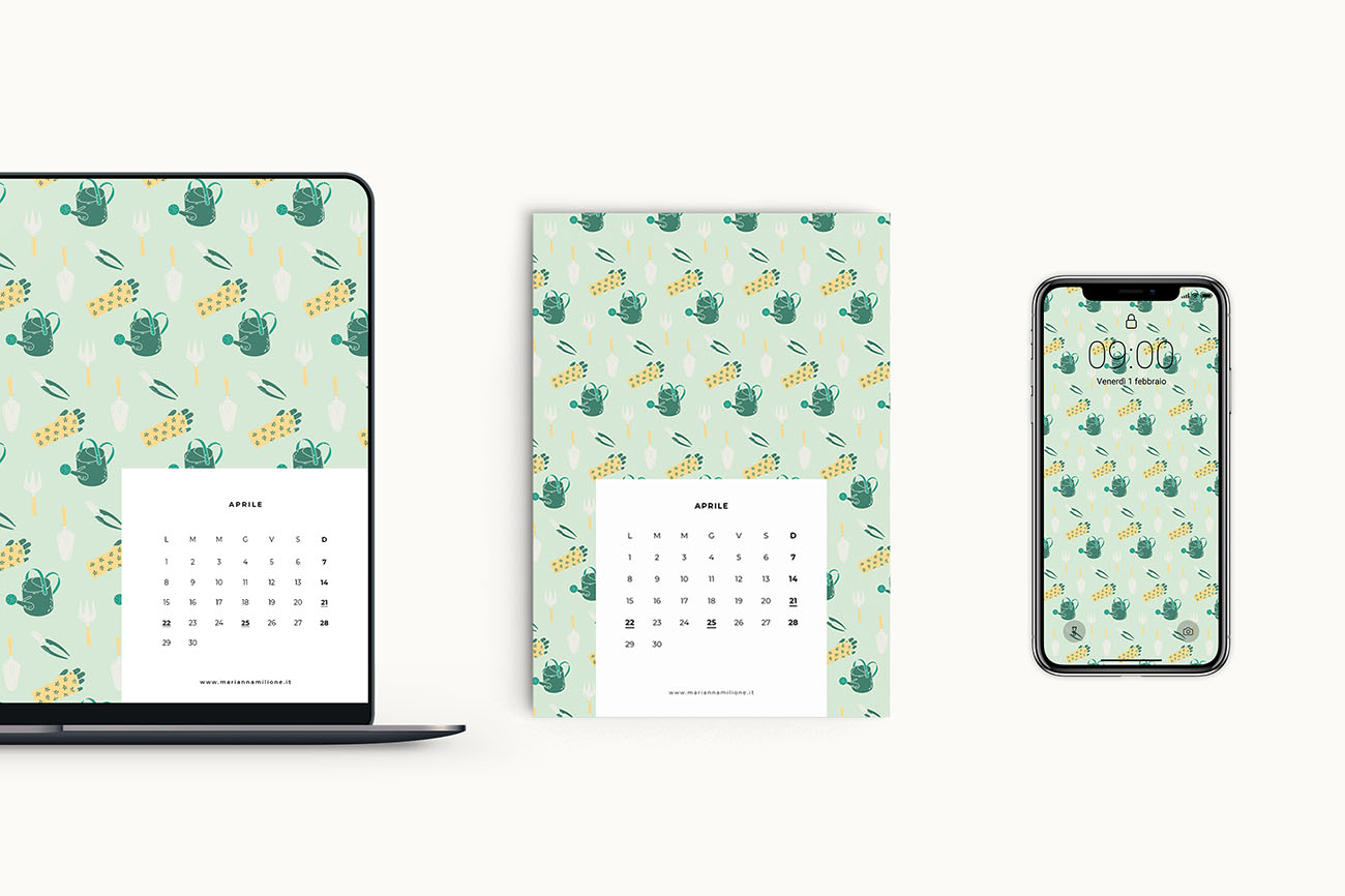 Calendario mensile per aprile 2019 con pattern disponibile per la stampa, computer e telefono. Risorse gratuite di Marianna Milione
