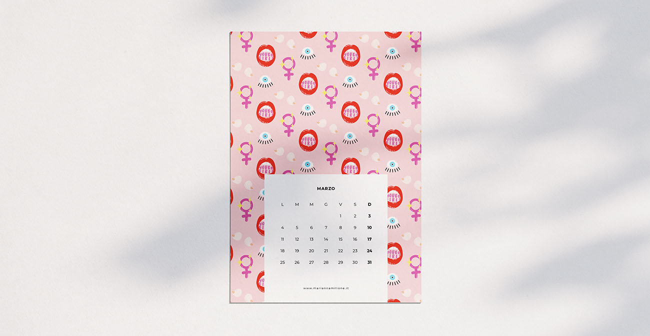 Calendario mensile per marzo 2019 con pattern disponibile per la stampa, computer e telefono. Risorse gratuite di Marianna Milione