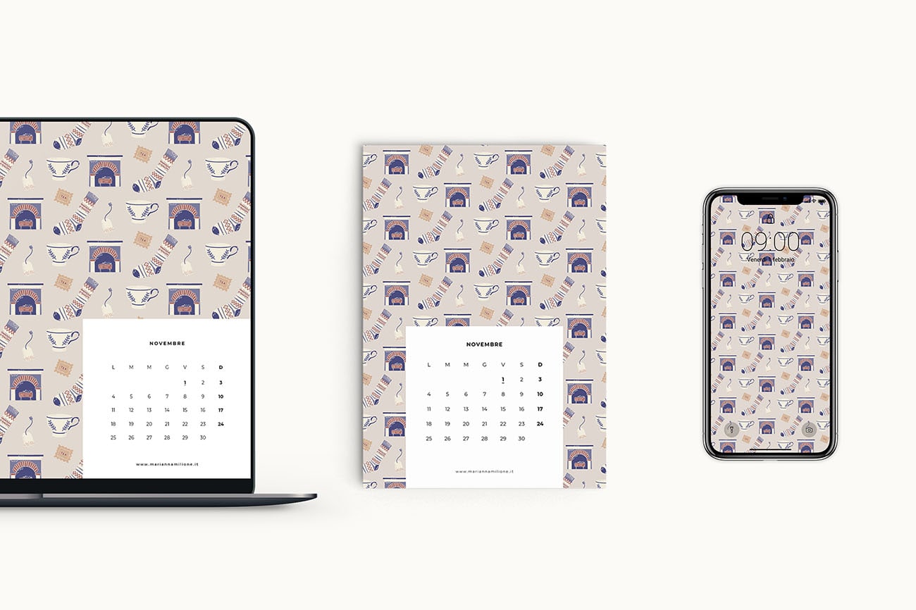 Calendario mensile per novembre 2019 con pattern disponibile per la stampa, computer e telefono. Risorse gratuite di Marianna Milione