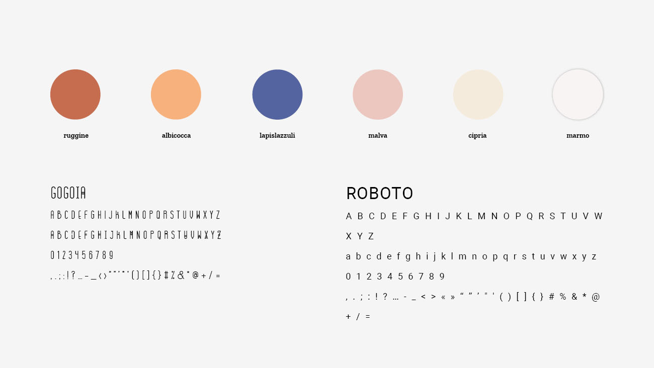 Palette colori e font selezionate per l'identità grafica di Janara. Progetto realizzato da Marianna Milione.