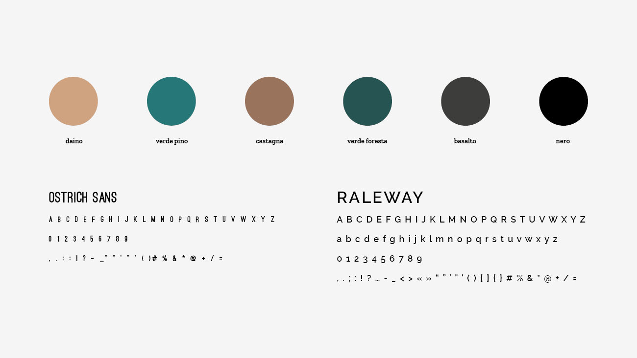 Palette colori e font selezionate per l'identità grafica di Profilgreen. Progetto realizzato da Marianna Milione.