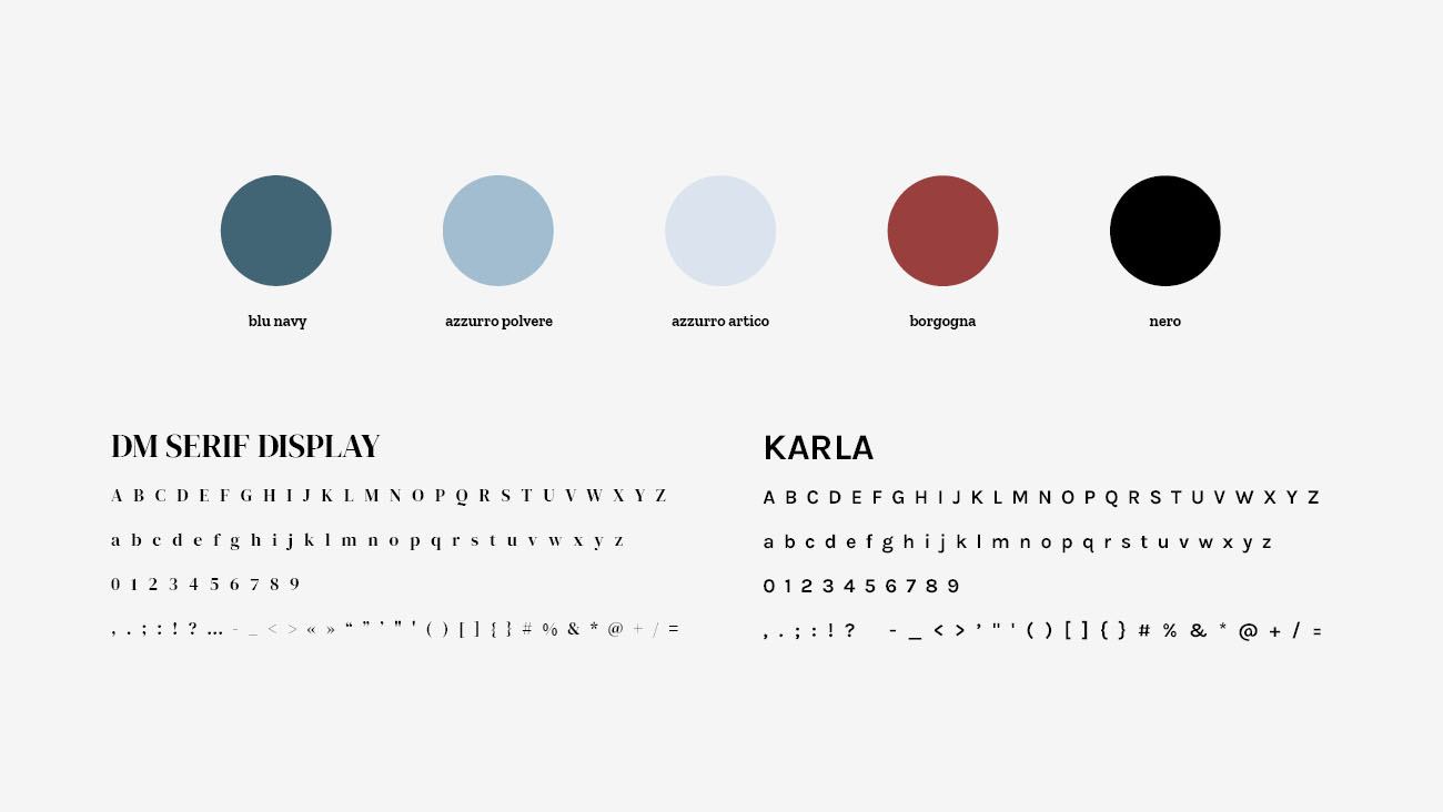 Palette colori e font selezionate per l'identità grafica di Chiara Munciguerra, psicologa. Progetto realizzato da Marianna Milione.